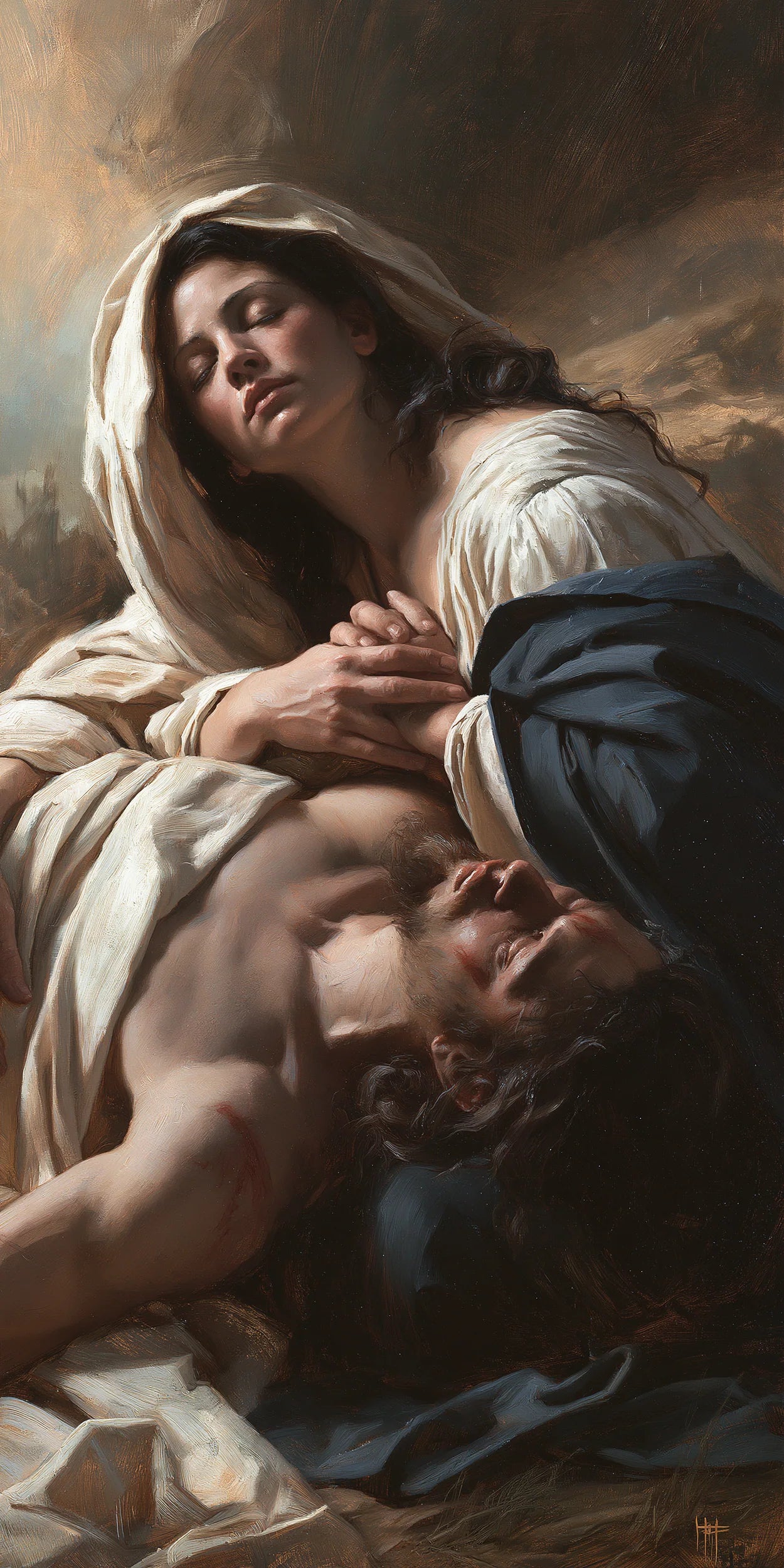 Pietà classique verticale avec Marie et le Christ dans des drapés gris bleu pâle et brun
