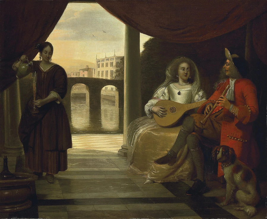 Couple élégant jouer de la musique sur une terrasse, avec une servante - Pieter de Hooch