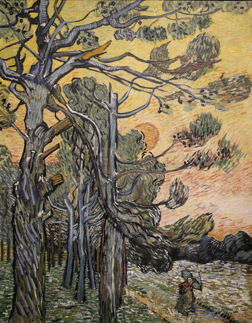 Pins contre un ciel rouge avec soleil couchant - Vincent van Gogh - Alpha Reproduction
