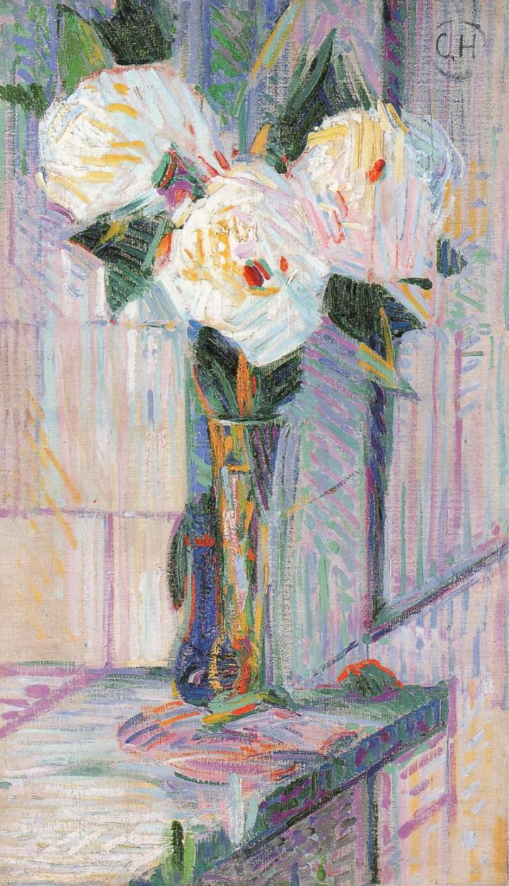 Pivoines blanches dans un vase de verre – Curt Herrmann
