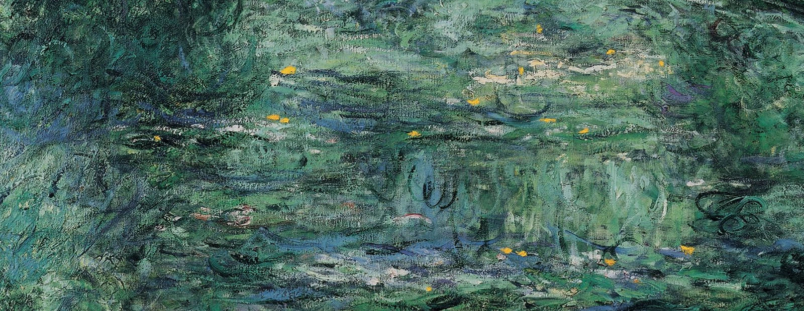 Détail du bassin, des nymphéas et des reflets bleu vert dans Le Pont japonais W1921