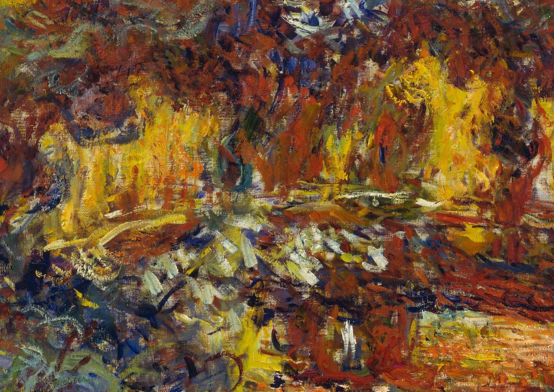 Détail du pont dissous dans les rouges, jaunes et bleus de The Japanese Footbridge W1932