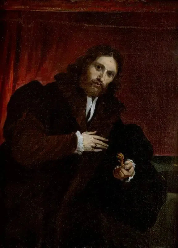 Portrait d'un homme en manteau de fourrure tenant une griffe de lion (d'après Lorenzo Lotto) - David Teniers le Jeune image 1 copie peinte à la main à l’huile