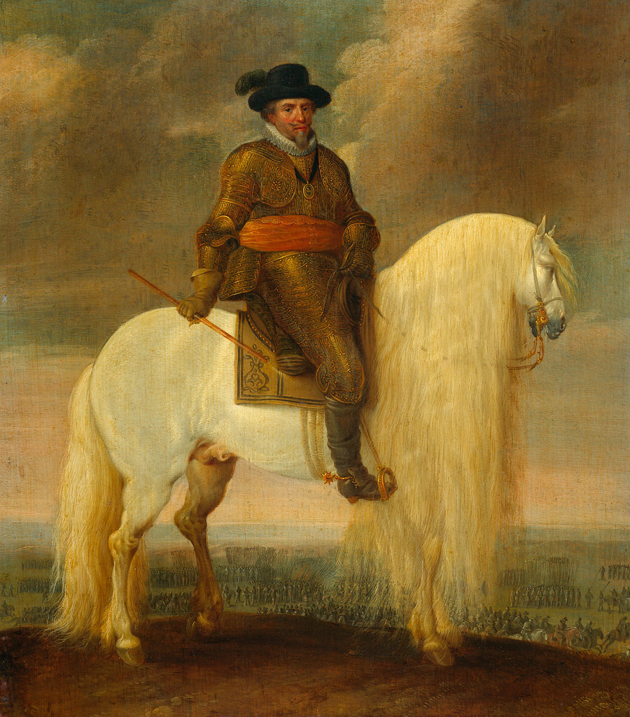 Le prince Maurits assis sur l'étalon de guerre blanc qui lui a été offert après la victoire à la bataille de Nieuport - Paulus van Hillegaert