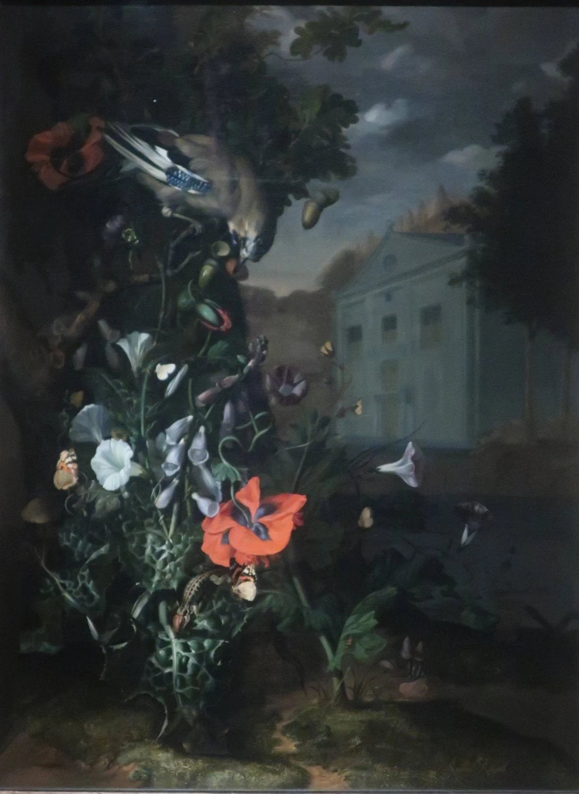 Sous-bois fleuri avec façade classique, peinture de Rachel Ruysch