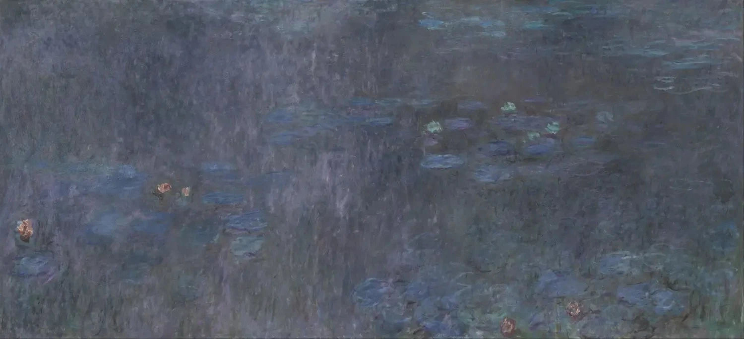 Détail du panneau droit de Reflets d’arbres et des fleurs roses sur l’eau