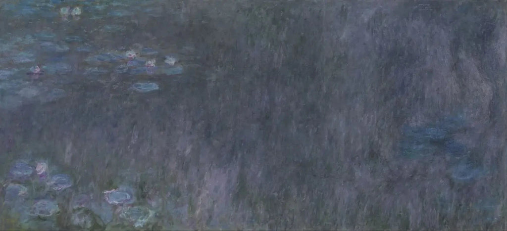 Détail du panneau gauche de Reflets d’arbres et des nymphéas bleu violet