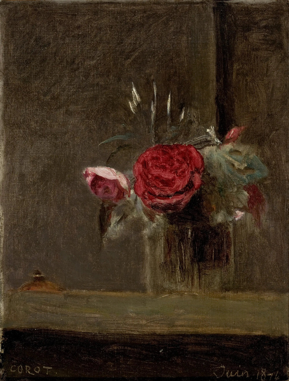 Roses dans un verre - Jean-Baptiste Camille Corot image 1 copie peinte à la main à l’huile