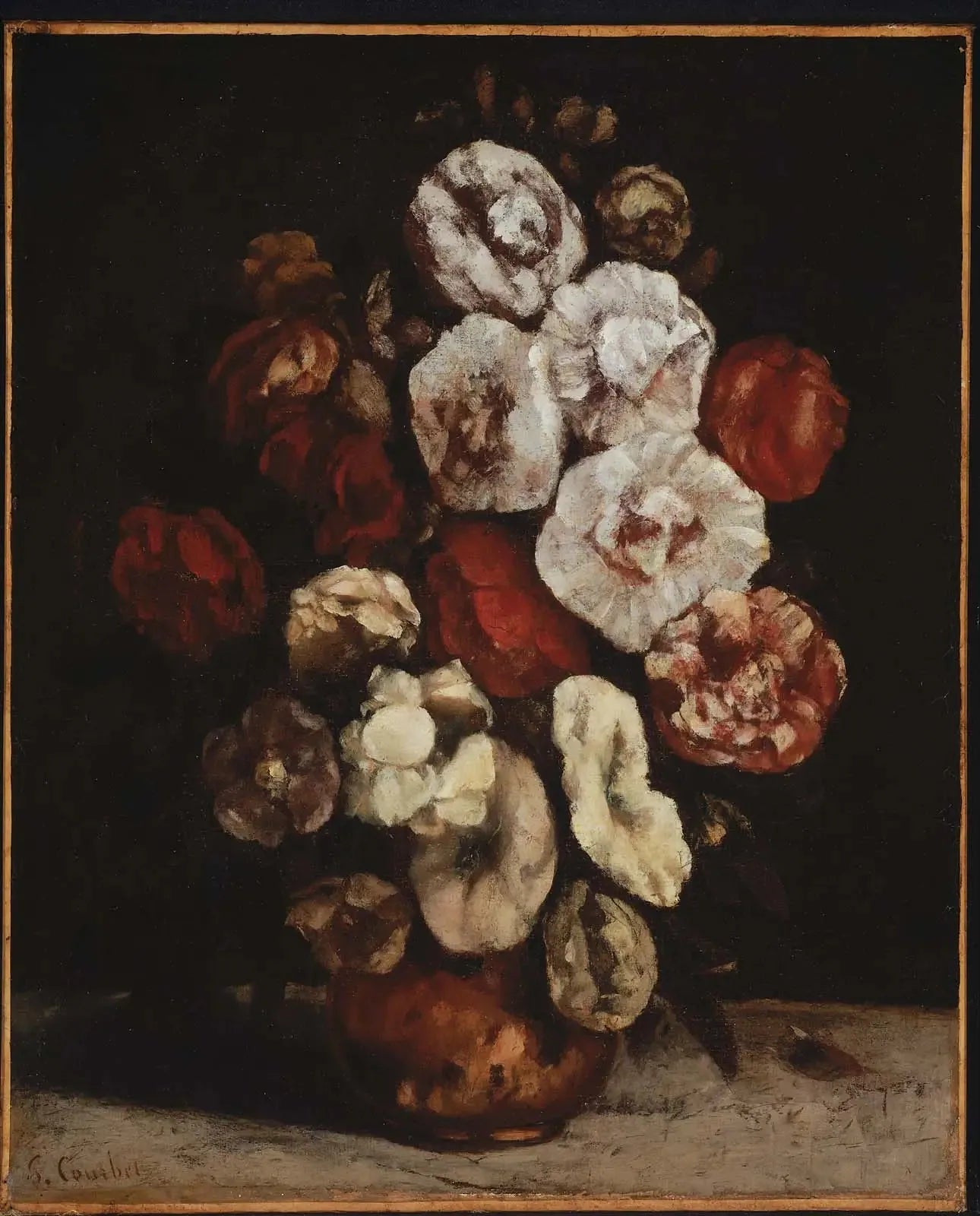 Roses trémières dans un bol en cuivre - Gustave Courbet image 1 reproduction artisanale de tableau