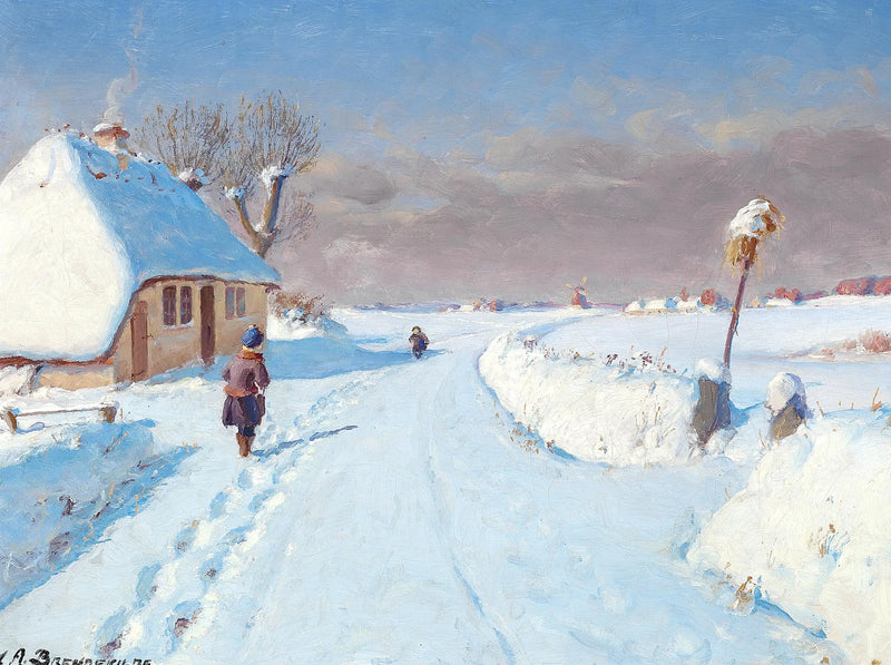 солнечная дорога на окраине деревни, зима (32 x 42 см). - Х. А. Брендекильде