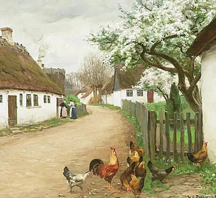 Улица деревни с курицами и двумя женщинами, которые разговаривают. - Х. А. Брендекильде