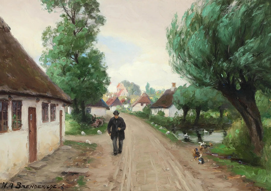 Улица деревни с мужчиной и утками у берега пруда. - Х. А. Брендекильде