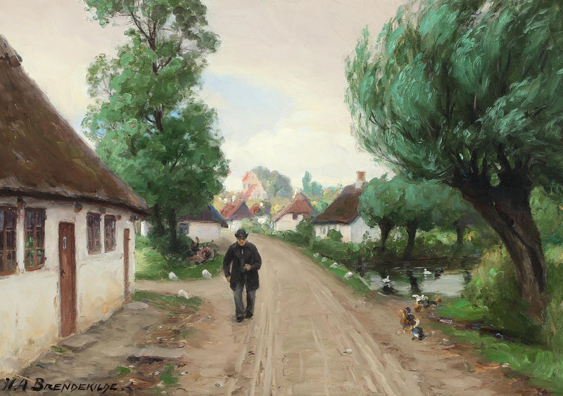 Улица деревни с мужчиной и утками у берега пруда. - Х. А. Брендекильде