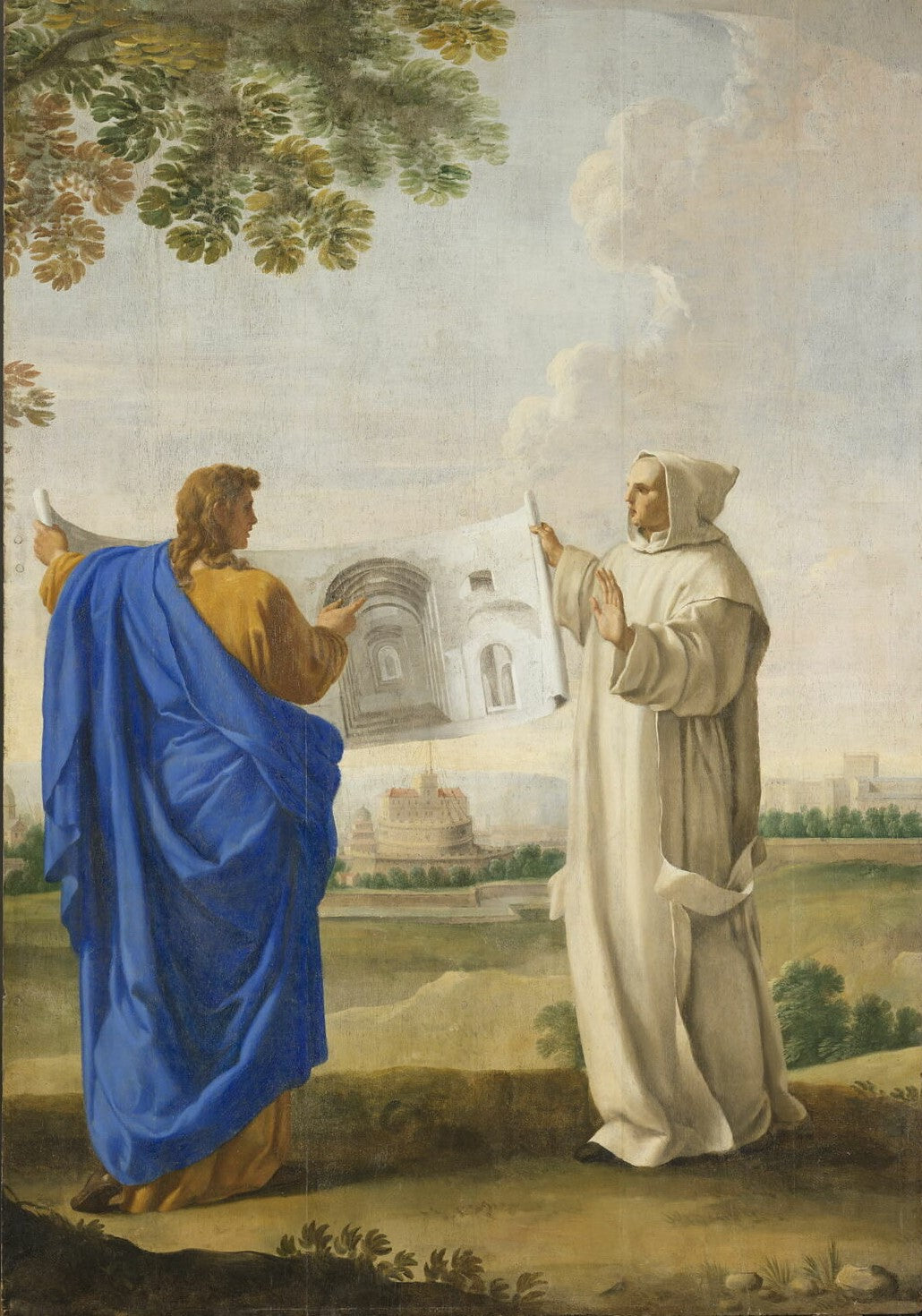 Saint Bruno examine un dessin des thermes de Dioclétin emplacement de la future chartreuse de Rome - Eustache Le Sueur
