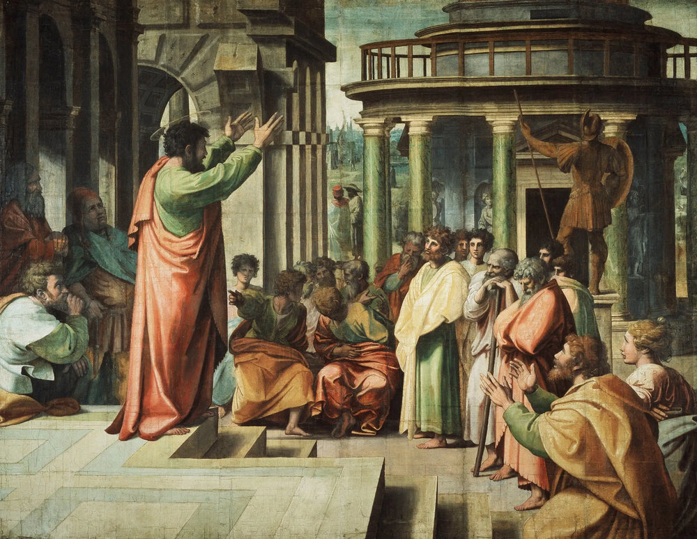 Reproduction du tableau « Saint Paul prêchant à Athènes - Raphaël Sanzio » par Alpha Reproduction en peinture à l’huile