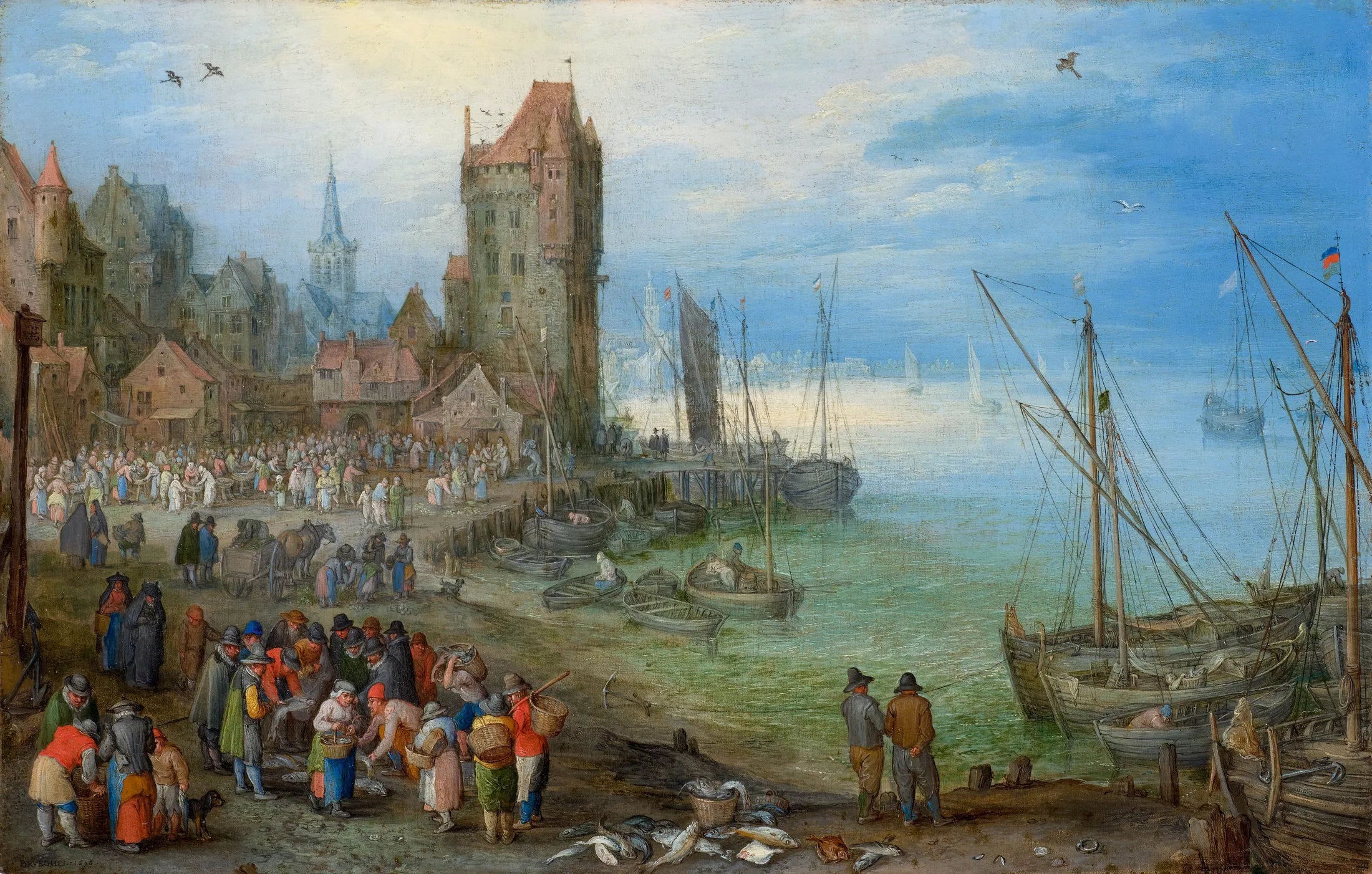 Scène portuaire avec marché aux poissons - Jan Brueghel l'Ancien image 1 reproduction de peinture à l’huile