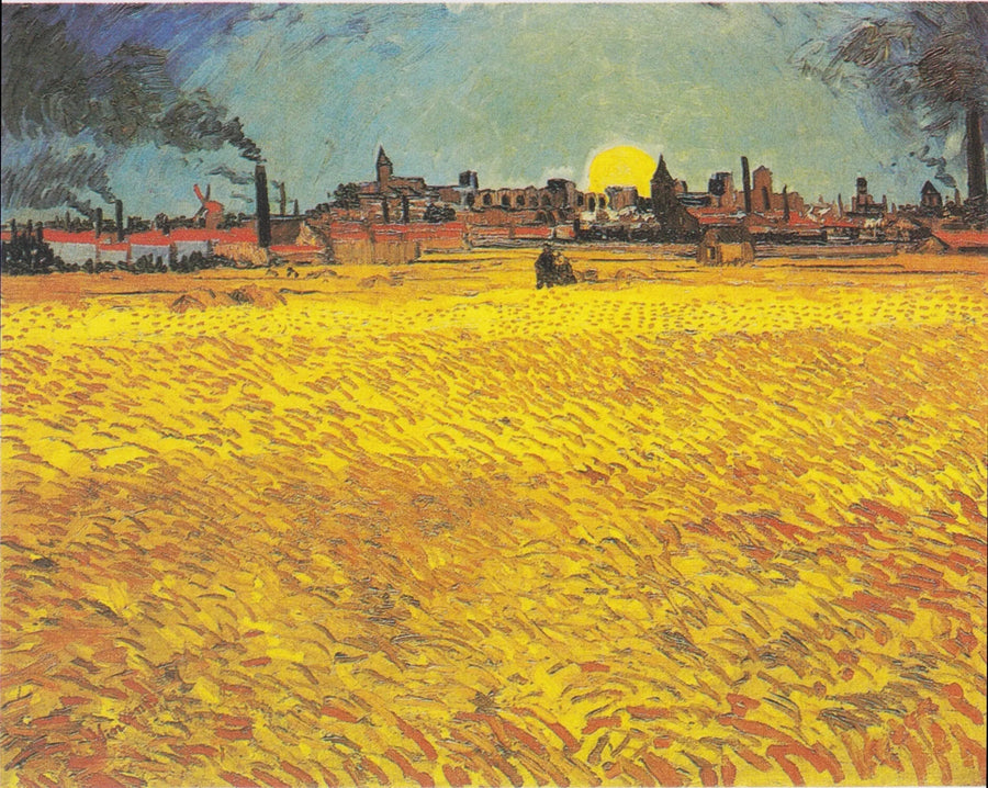 Soir d’été, F465 — champ de blé jaune, ville d’Arles et soleil couchant peints par Vincent van Gogh