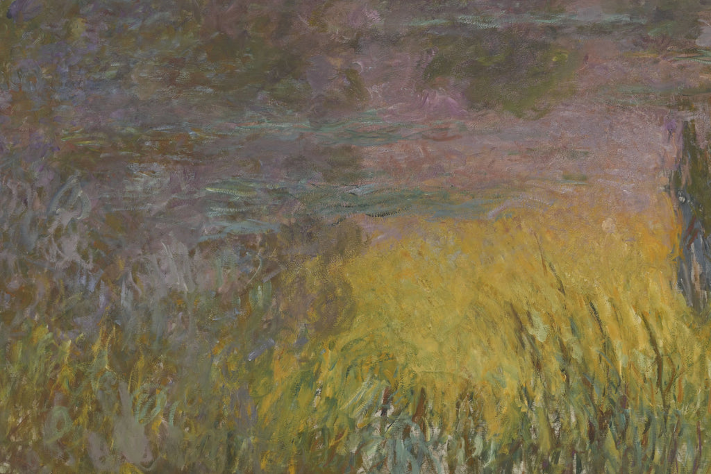 Détail de l’astre jaune, des roseaux et des touches libres de Soleil couchant INV 20103
