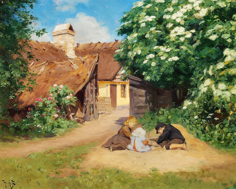 Три ребенка, играющие возле фермы в летний день. - Х. А. Брендекильде