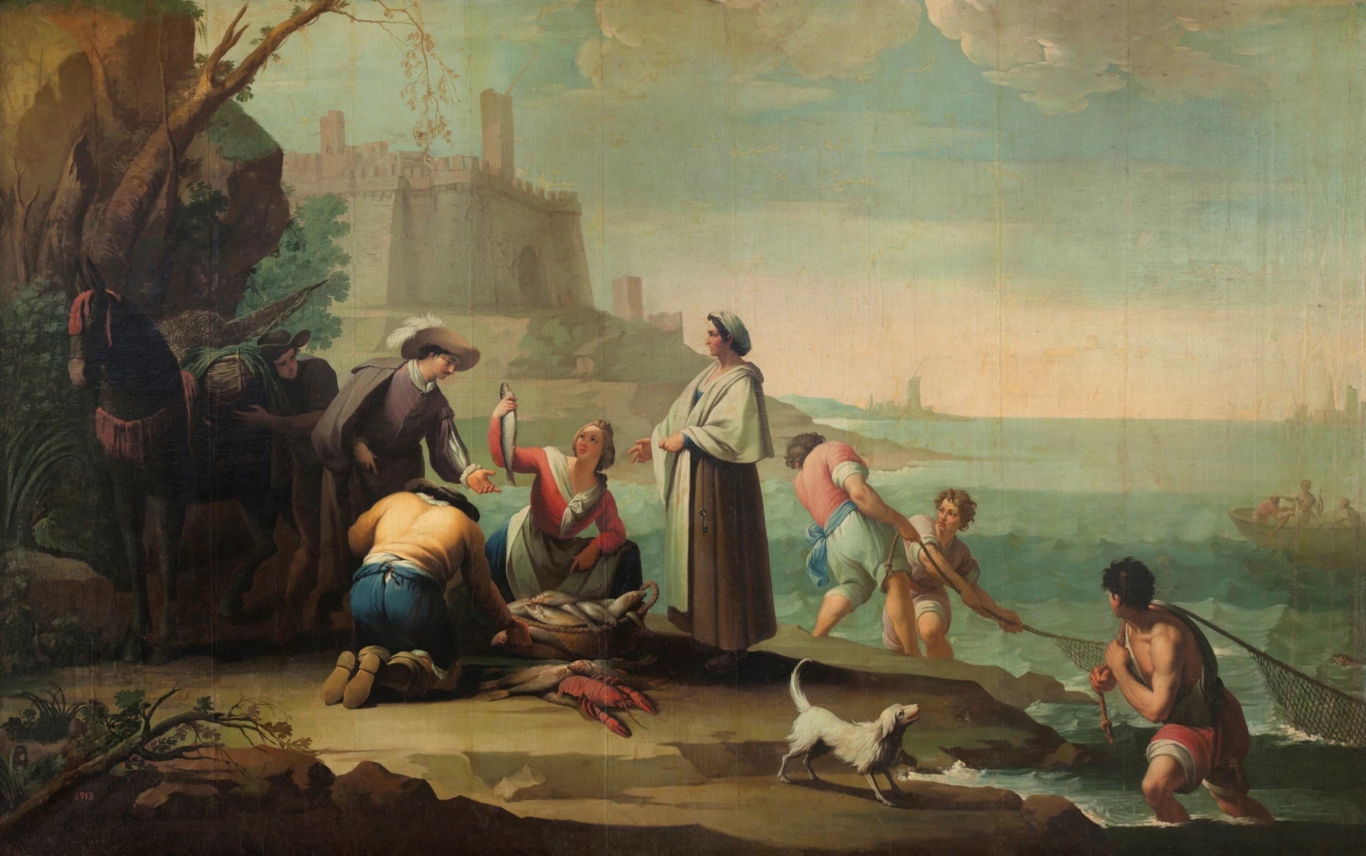 Trois marins tirant le filet et une femme vendant du poisson - Zacarías González Velázquez