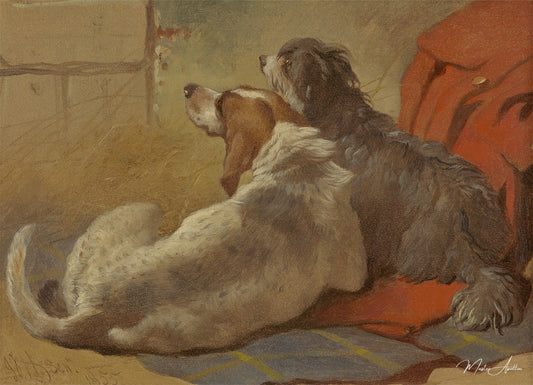 Un chien courant et un colley barbu assis sur un manteau de chasse - John Frederick Herring Snr - Reproductions de tableaux et peintures haut de gamme