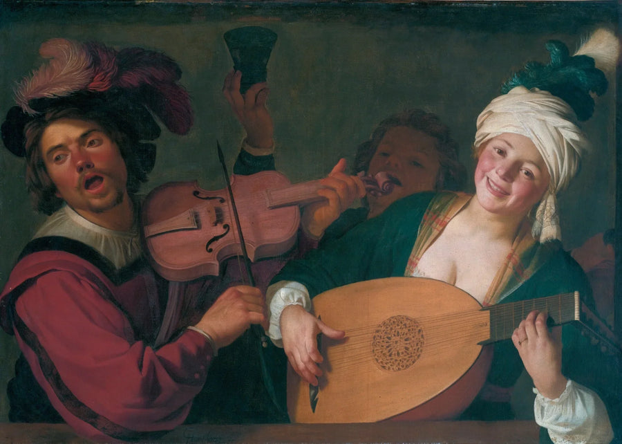Веселая группа за балюстрадой с скрипкой и лютнистом - Gerrit van Honthorst
