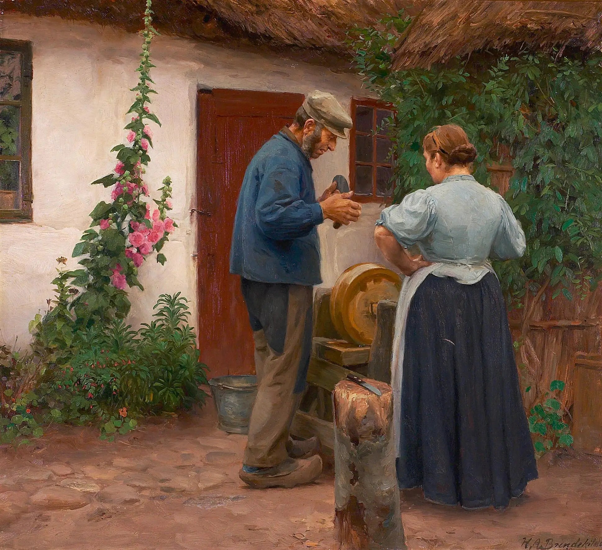 Un homme et une femme devant une pierre à aiguiser. - H. A. Brendekilde - Alpha Reproduction
