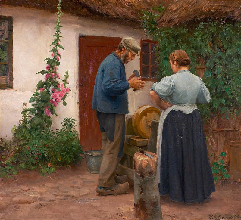 Мужчина и женщина перед точильным камнем. - H. A. Brendekilde