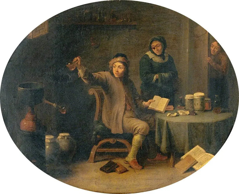 Мужчина, осматривающий флакон с мочой - Давид Тенирс-младший