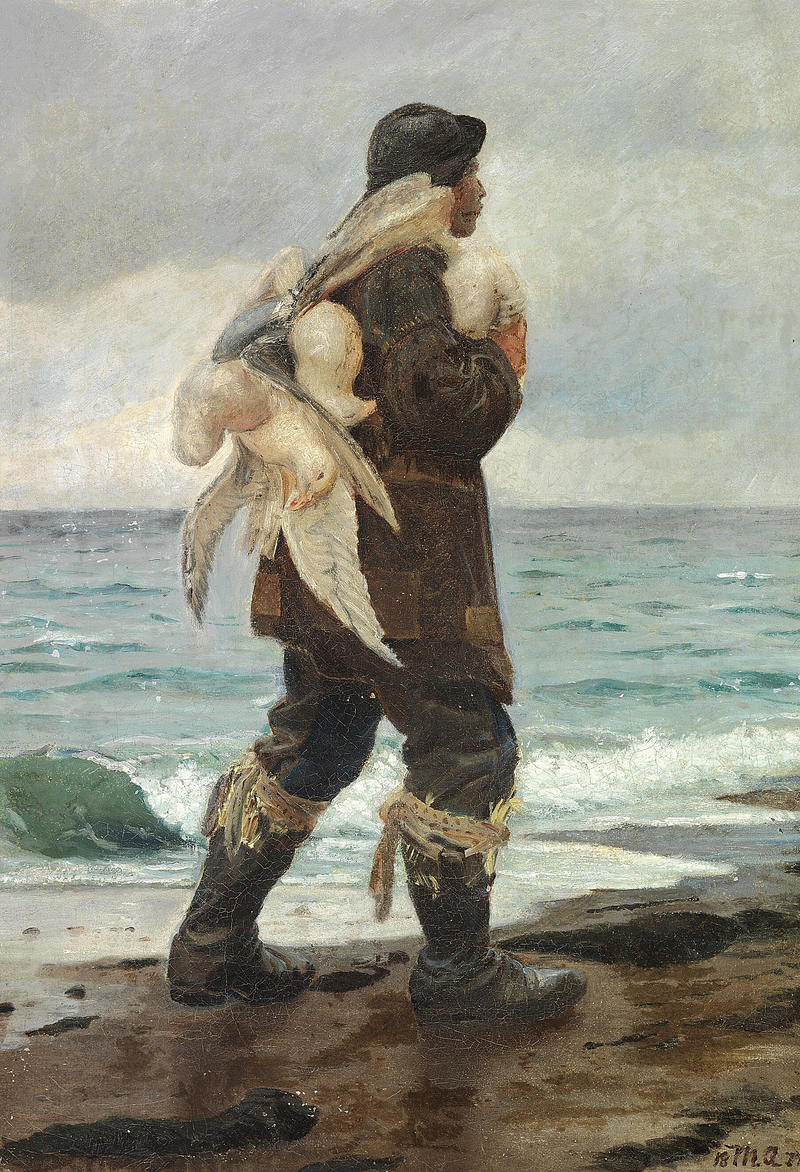 Молодой рыбак возвращается домой с пойманными чайками. - Michael Peter Ancher