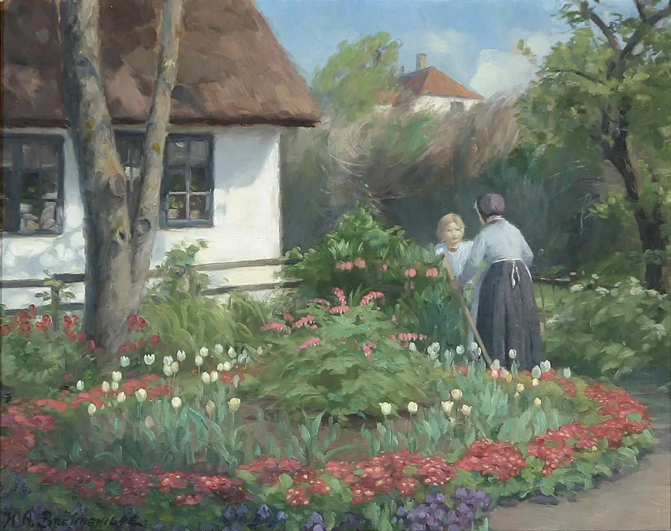 Un jour d’été au jardin. Deux femmes discutent devant le portail. - H. A. Brendekilde - Alpha Reproduction