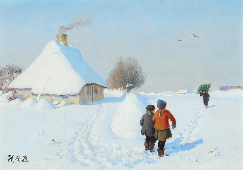Заснеженный пейзаж с двумя детьми в снегу. - H. A. Brendekilde