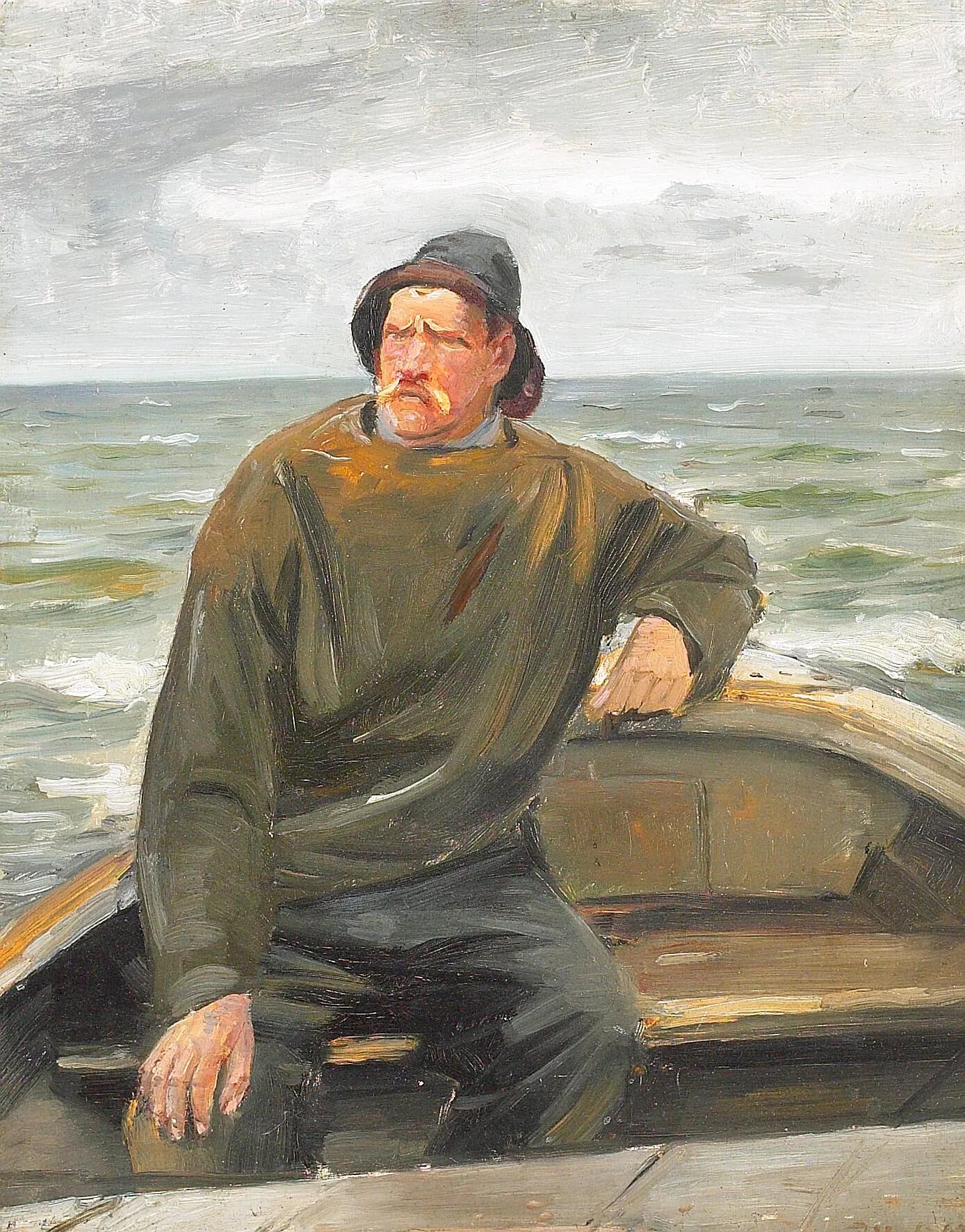 Un pêcheur dans un bateau. - Michael Peter Ancher image 1 reproduction de peinture à l’huile