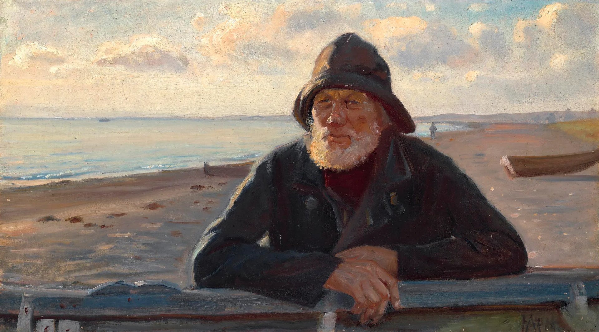 Un pêcheur se tient debout dans la lumière du coucher de soleil sur la plage de Skagen. - Michael Peter Ancher image 1 copie peinte à la main à l’huile