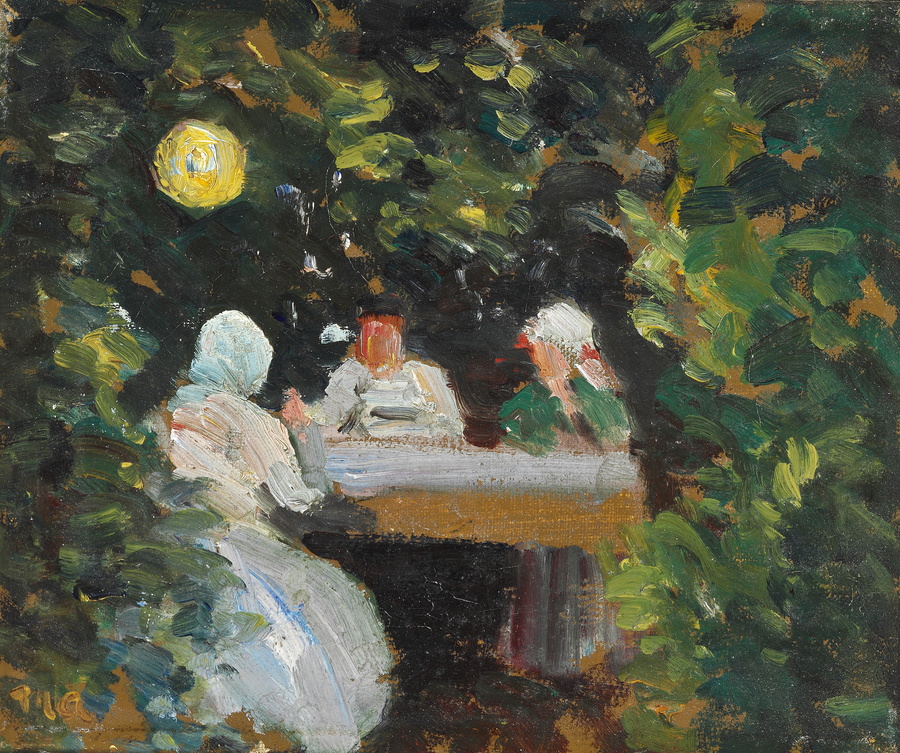 Un petit groupe réuni autour de la table à la lumière de la lanterne chinoise - Michael Peter Ancher