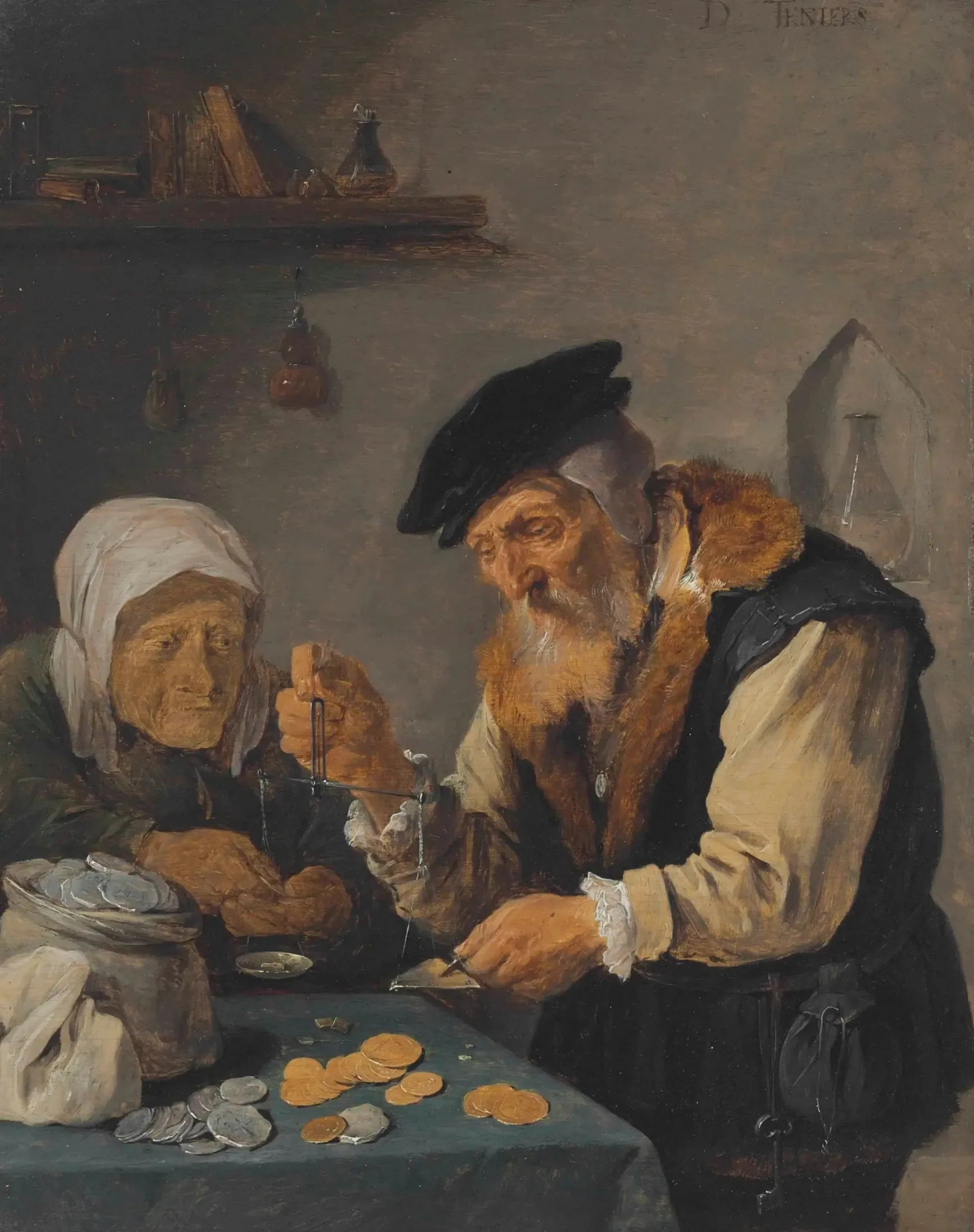 Un vieil homme et une vieille femme pèsent des pièces de monnaie - David Teniers le Jeune image 1 reproduction de peinture à l’huile