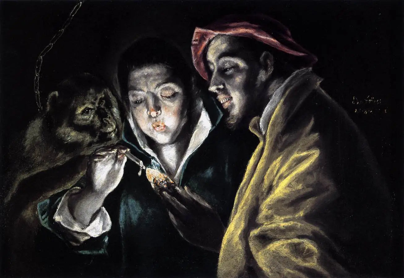 Une allégorie avec un garçon allumant une bougie en compagnie d’un singe et d’un fou - El Greco - Alpha Reproduction