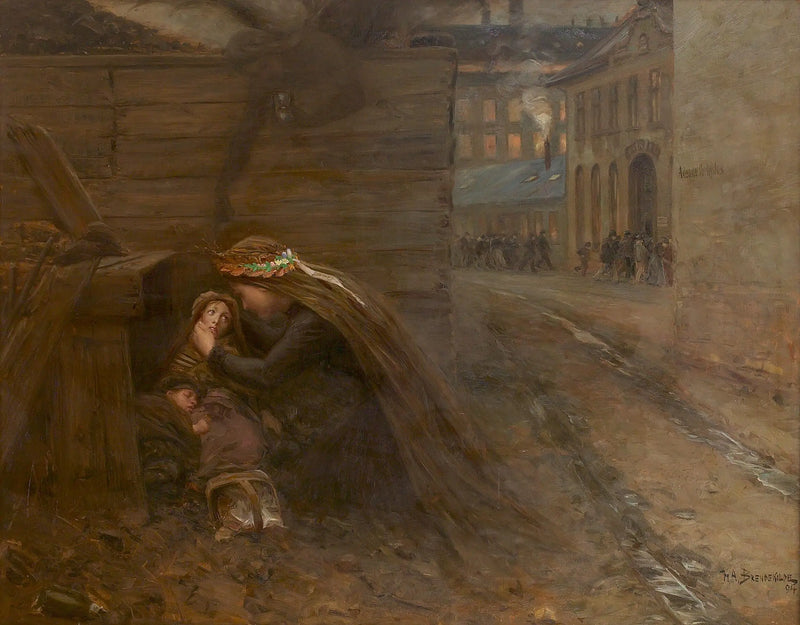 Женщина приносит еду двум детям. - H. A. Brendekilde