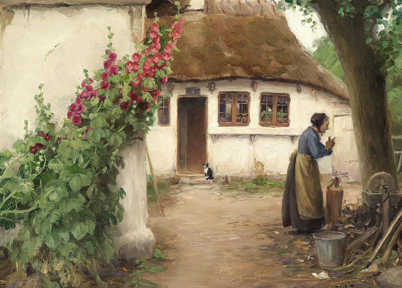 Женщина на ферме с красными флоксовыми розами. - H. A. Brendekilde