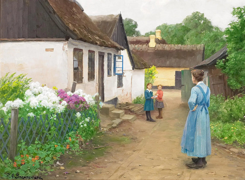 Женщина и несколько детей на маленькой улице в деревне. - H. A. Brendekilde