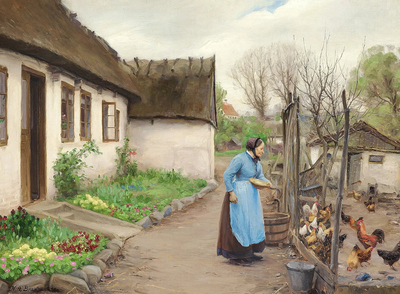 Женщина кормит кур перед белой известняковой фермой в осенний день. - H. A. Brendekilde