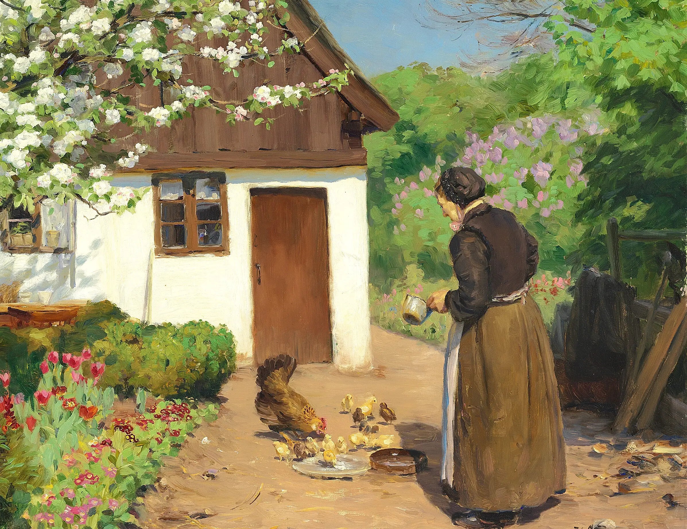 Une femme nourrit des poules devant une ferme blanche et calcaire un jour d’été. - H. A. Brendekilde - Alpha