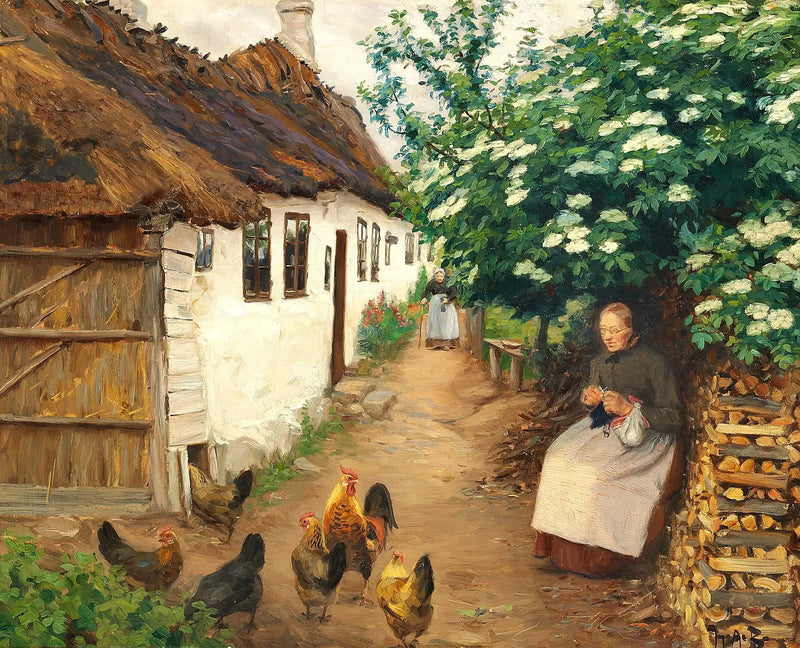 Женщина вяжет рядом со старым домом. - H. A. Brendekilde
