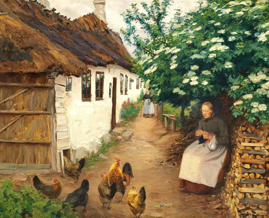 Женщина вяжет рядом со старым домом. - H. A. Brendekilde