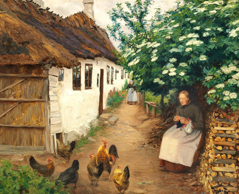 Женщина вяжет рядом со старым домом. - H. A. Brendekilde