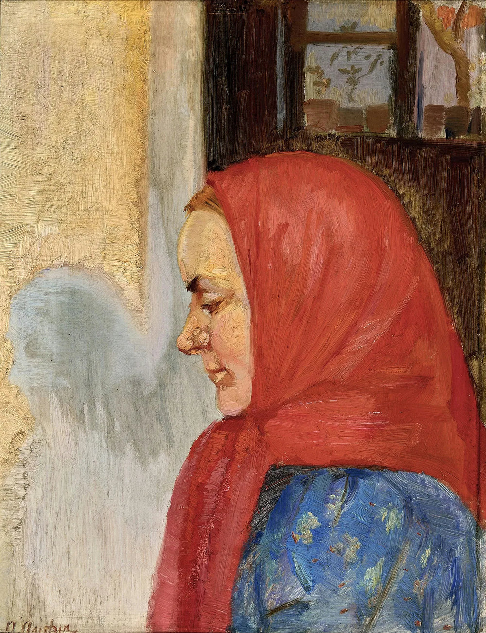 Une jeune femme de Skagen portant une écharpe rouge, vue de profil. - Anna Ancher image 1 copie peinte à la main à l’huile