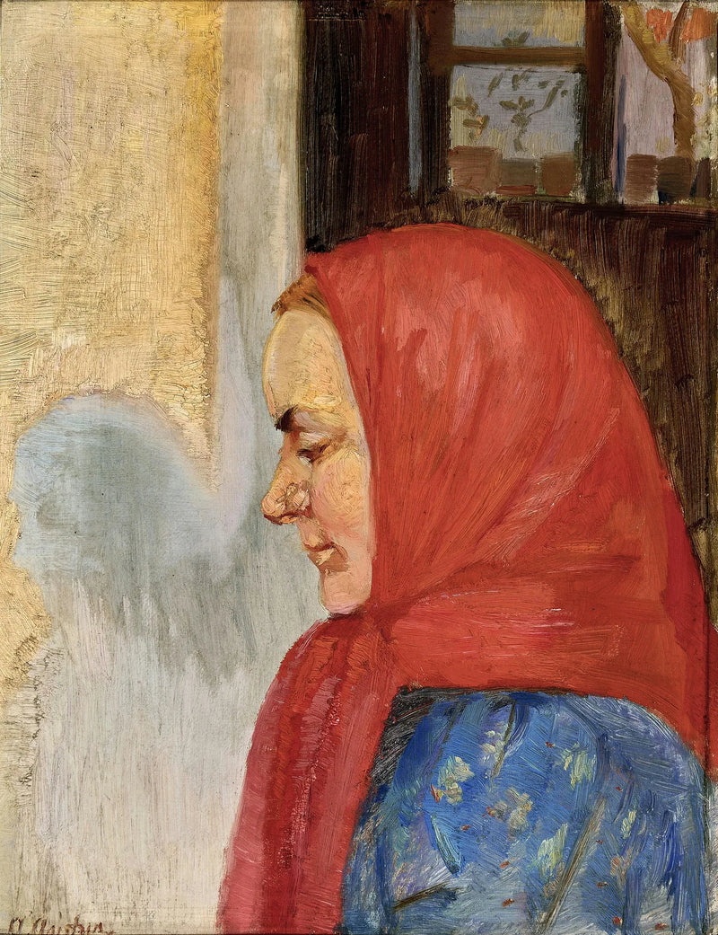 Молодая женщина из Скэга в красном шарфе, вид сбоку. - Анна Анчер