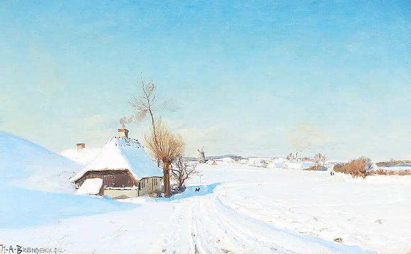 Солнечный зимний день с домами, мельницей и персонажами. - H. A. Brendekilde