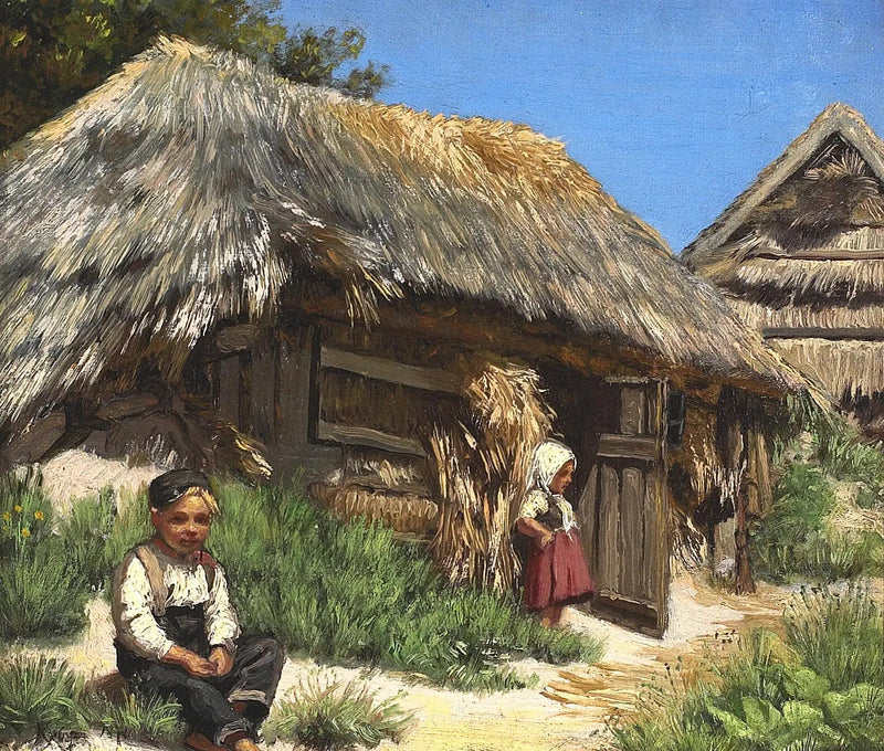 Дом с соломенной крышей. Летний день под голубым и теплым небом. Организовано с двумя детьми. - Педер Северин Крёер