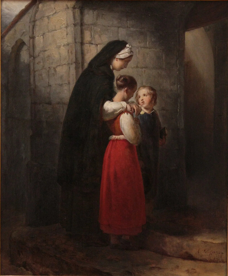 Заболевшая мать, идущая в церковь, опираясь на своих двух детей - Ary Scheffer